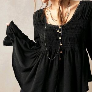 Elegant Black Boho Smocked Blouse